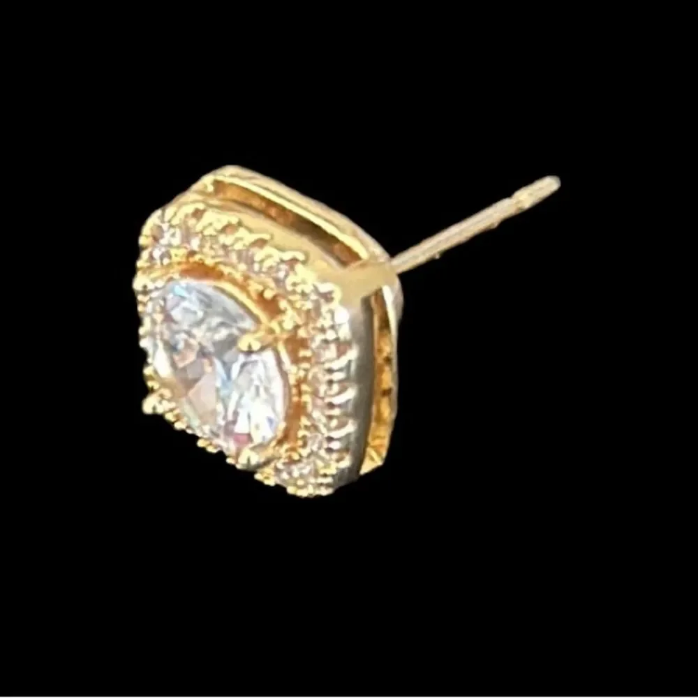 14k Gold Plated CZ Studs – .3” Square Cushion Halo Earrings for Men